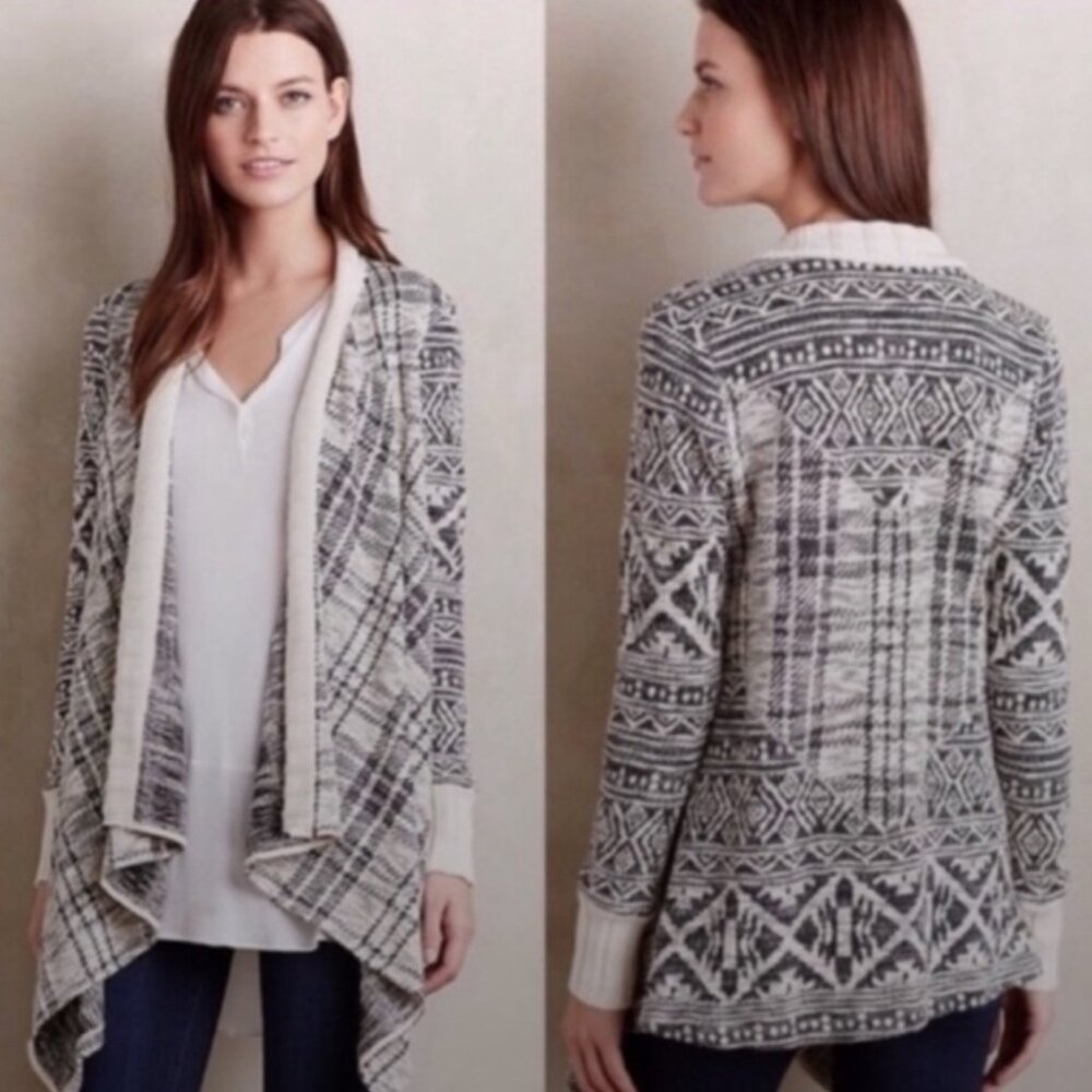 Tiny Anthropologie Mazarin Jacquard Aztec Black White Open Cardigan Size Small